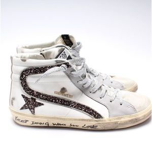 GOLDEN GOODE Slide Mid-Top Glitter Script Sneakers
